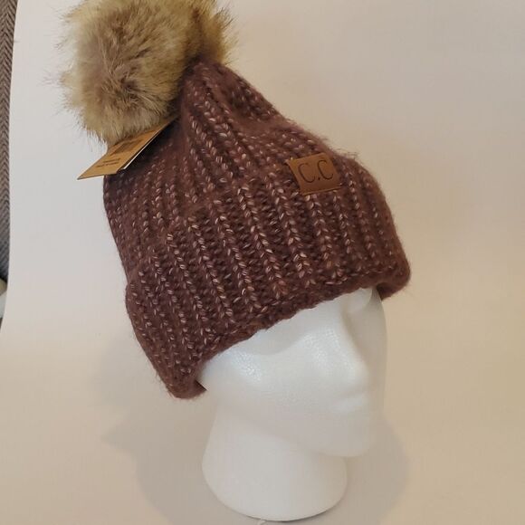 NWT C.C BEANIE POM POM WINTER HAT BURGUNDY BROWN HEATHERED FAUX FUR - Picture 3 of 9